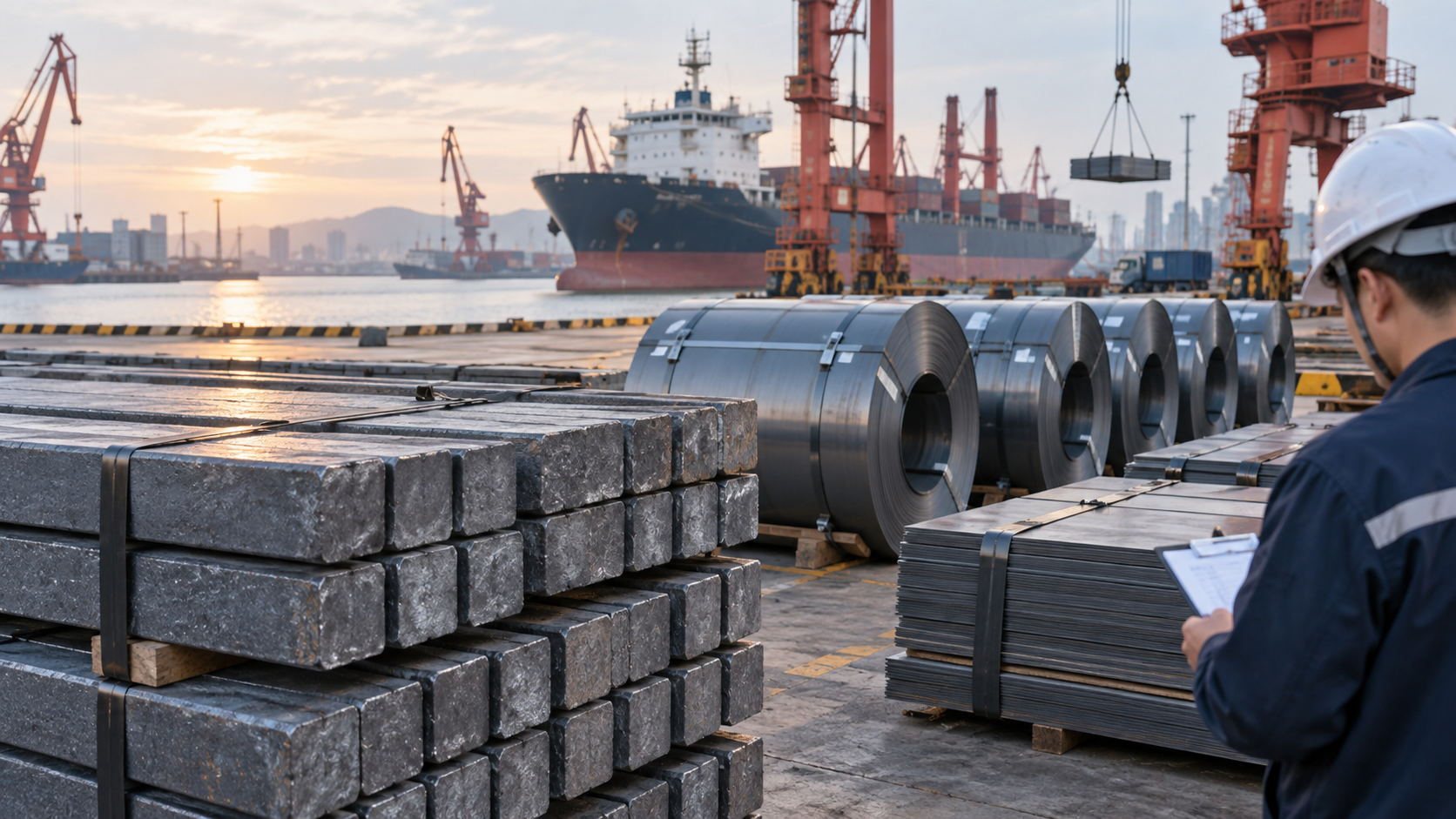 Steel billets, hot rolled coils and sheet bundles staged at a Chinese export port during documentation checks