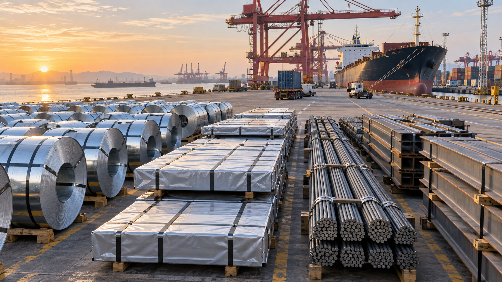 Galvanized coils, coated sheet bundles, rebar and structural steel prepared for export at a Chinese port at sunrise