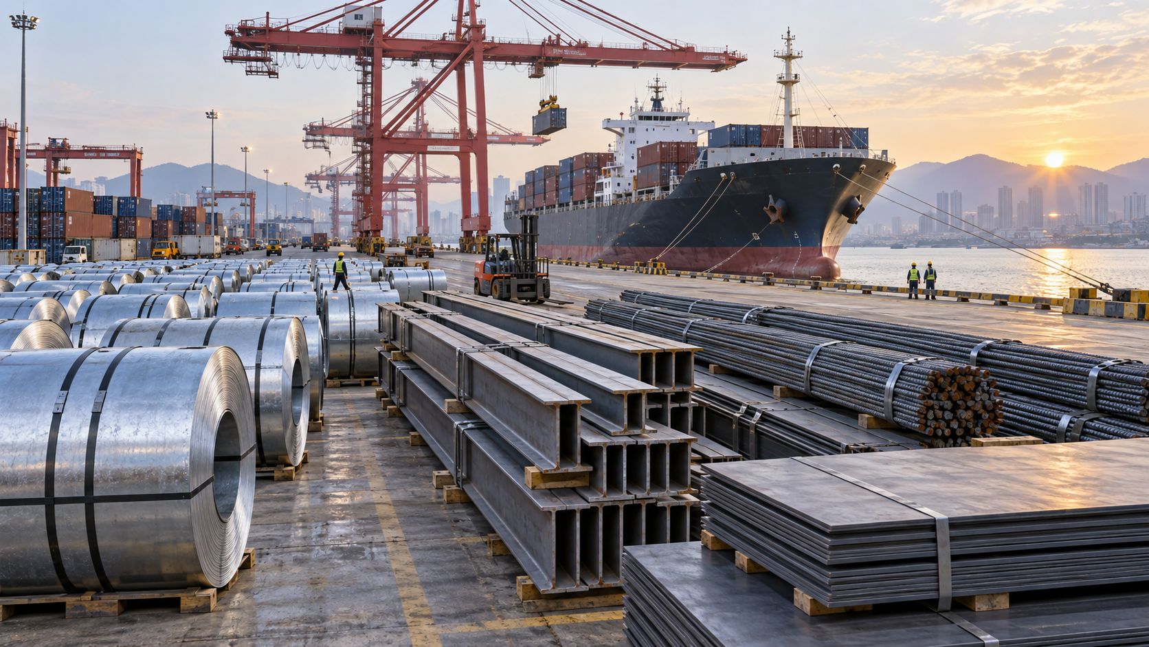 Steel coils, structural beams, rebar and plate prepared for export beside container cranes at a Chinese port at sunrise