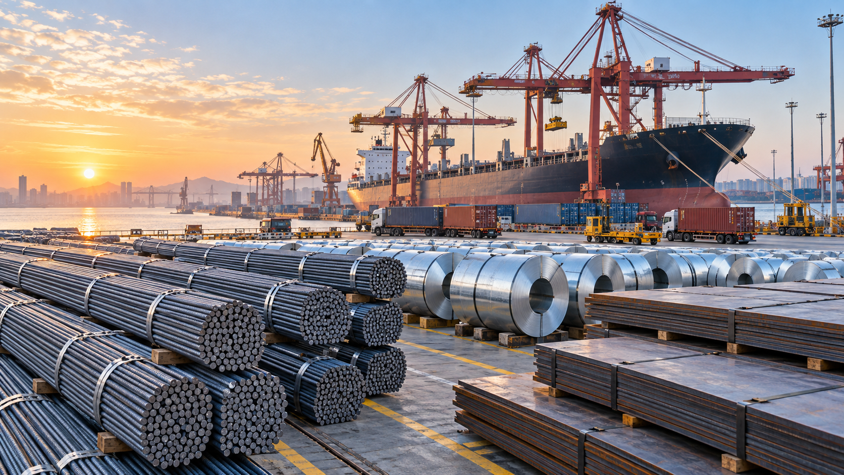Finished steel bars, galvanized coils and plate stacked for export beside container cranes at a Chinese port