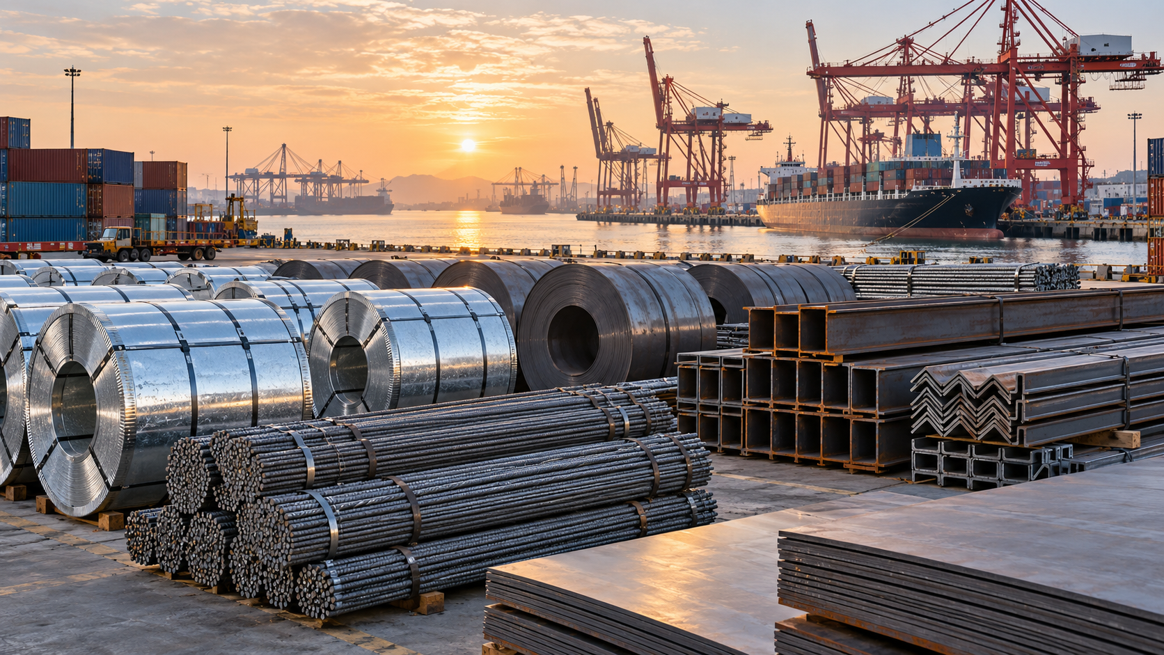Finished steel coils, rebar, plate and steel sections staged for export beside container cranes at a Chinese port